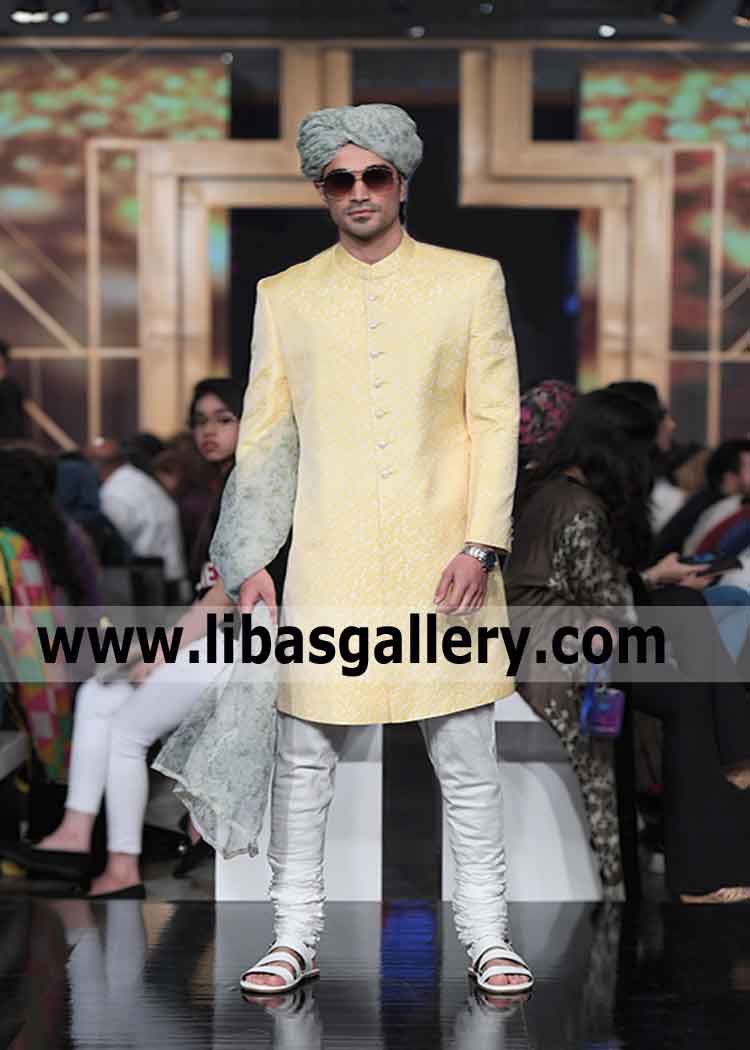 Lemon yellow Jamawar Groom Sherwani perfect fitting high quality buckram Fusing Jeddah Riyadh Dammam Saudi Arabia Lemon yellow Jamawar Groom Sherwani perfect fitting high quality buckram Fusing Jeddah Riyadh Dammam Saudi Arabia