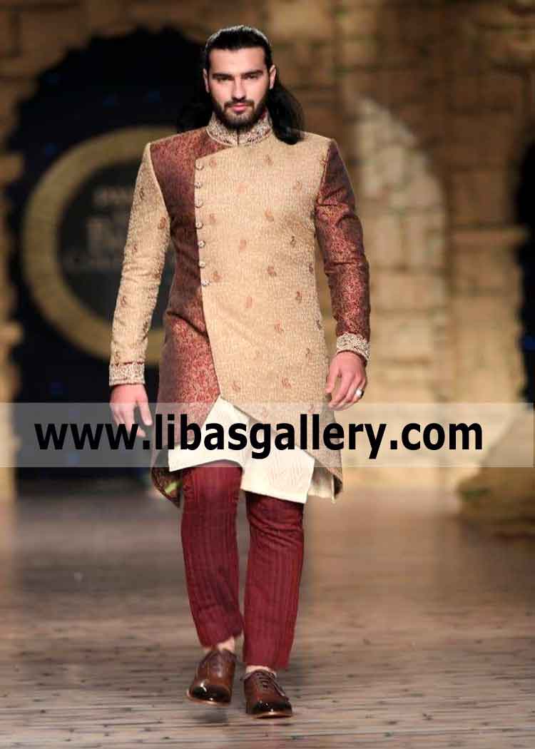 Twin Color Fabric Anrakha Style Groom Wedding Sherwani in Jamawar Banarsi 2020 Asia Europe America Australia Africa Twin Color Fabric Anrakha Style Groom Wedding Sherwani in Jamawar Banarsi 2020 Asia Europe America Australia Africa