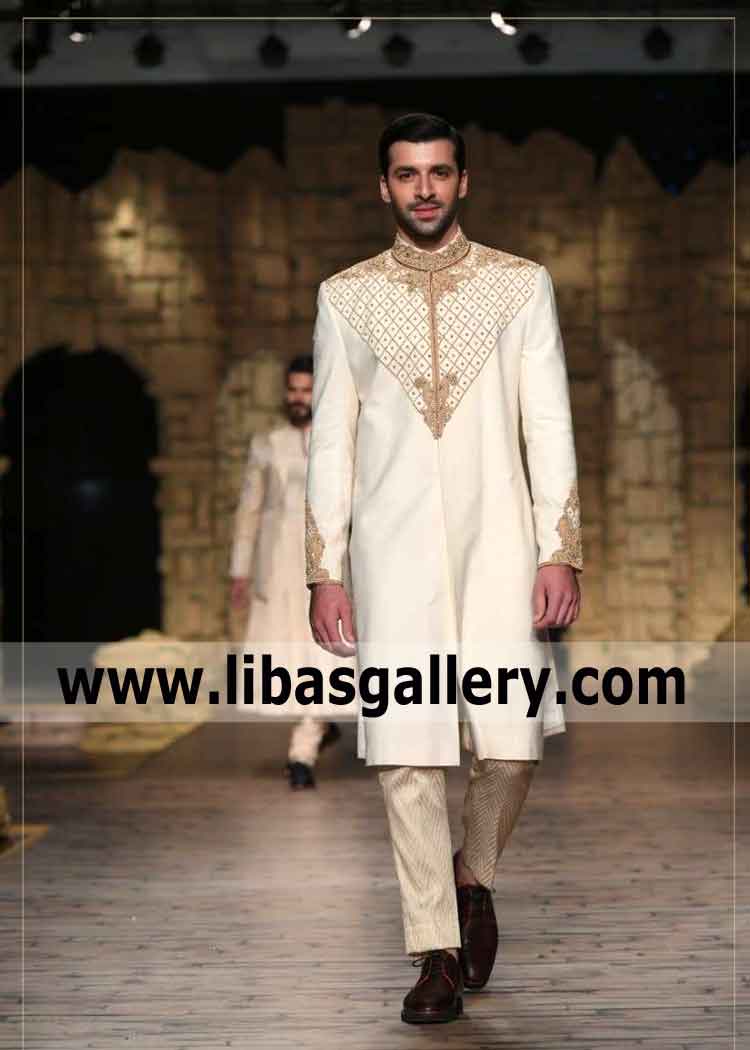 Off white V shape golden work designer sherwani for nikah barat day for dulha groom order online by CC UK USA Canada Off white V shape golden work designer sherwani for nikah barat day for dulha groom order online by CC UK USA Canada