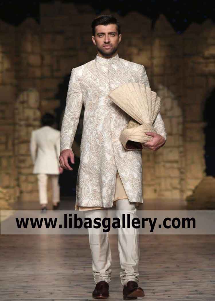 Computer Embroidered off white Wedding sherwani with pre tied shamla turban and churidar pajama Birmingham London UK Computer Embroidered off white Wedding sherwani with pre tied shamla turban and churidar pajama Birmingham London UK