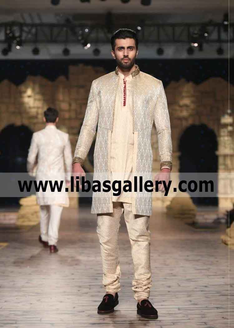 Front open short length jamawar banarsi wedding jacket for groom work on collar cuff dubai sharjah abu dhabi UAE Front open short length jamawar banarsi wedding jacket for groom work on collar cuff dubai sharjah abu dhabi UAE