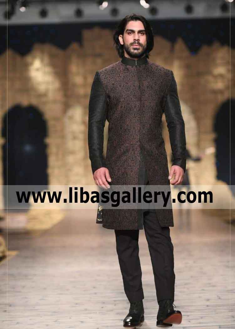 Black jamawar wedding sherwani for barat nikah day true style muslim dulha shop Glasgow Edinburgh Scotland Black jamawar wedding sherwani for barat nikah day true style muslim dulha shop Glasgow Edinburgh Scotland