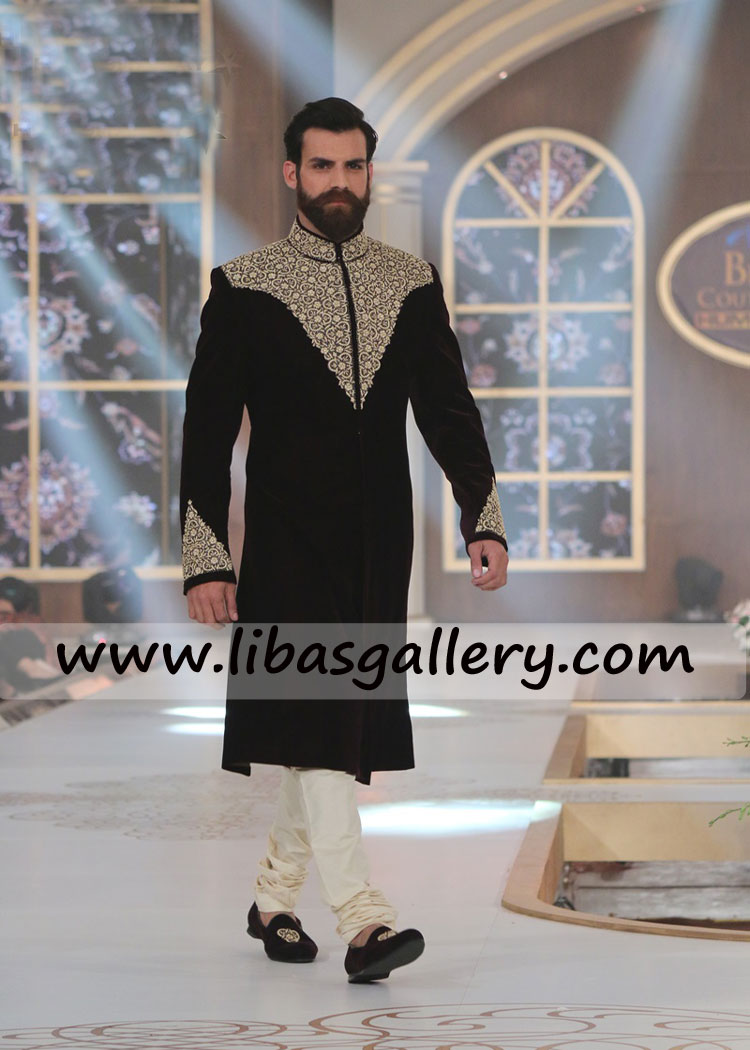 Black Embellished Sherwani bearded groom coming towards stang work on front collar sleeves kora dabka thread UK USA Canada Black Embellished Sherwani bearded groom coming towards stang work on front collar sleeves kora dabka thread UK USA Canada