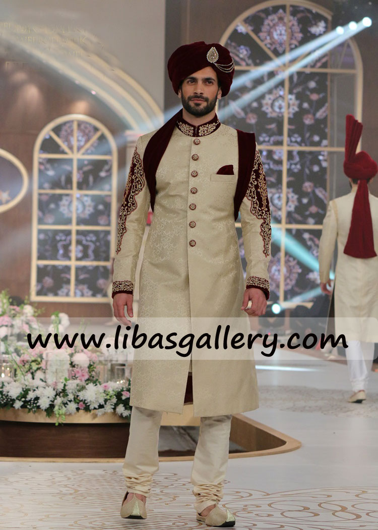 Cream Embellished Self jamawar Groom Sherwani for Nikah barat day quick delivery UK USA Canada Australia UAE Cream Embellished Self jamawar Groom Sherwani for Nikah barat day quick delivery UK USA Canada Australia UAE