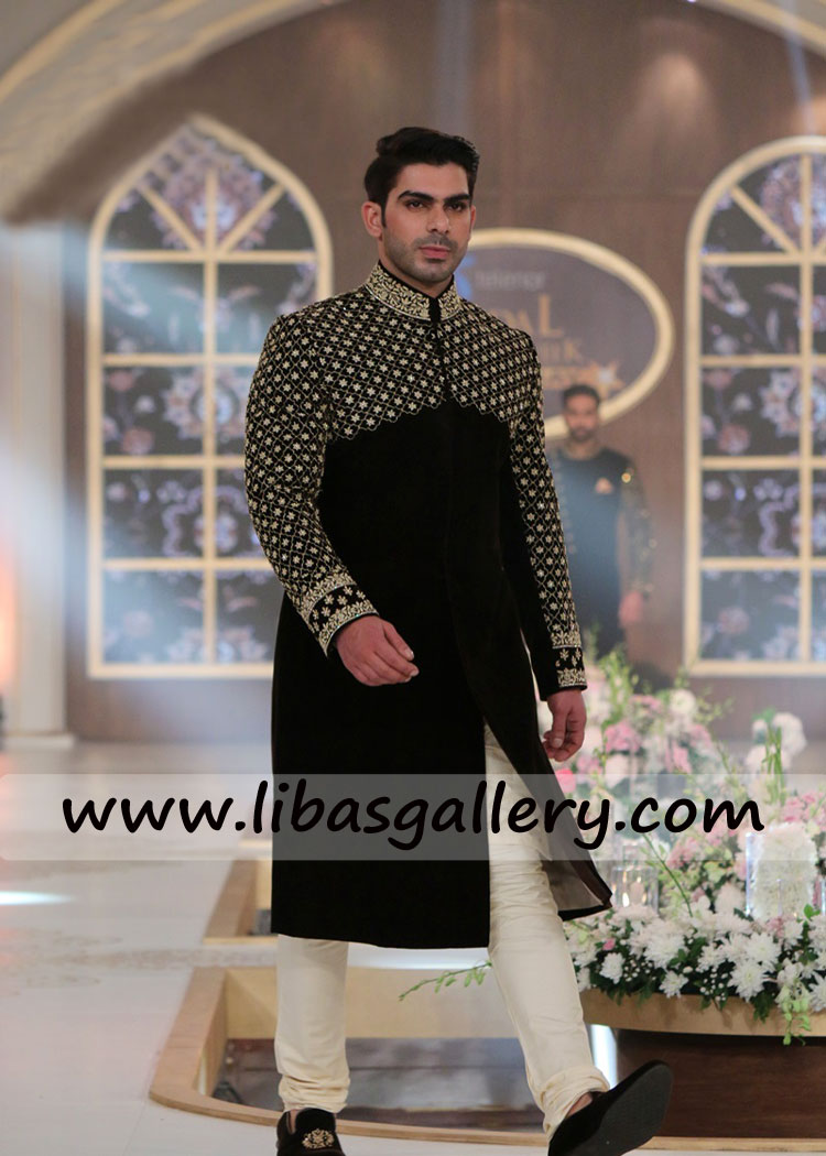 royal dynasty type black groom sherwani in suiting fabric and velvet for nikah barat day with inner kurta pajama Toronto Quebec Canada royal dynasty type black groom sherwani in suiting fabric and velvet for nikah barat day with inner kurta pajama Toronto Quebec Canada