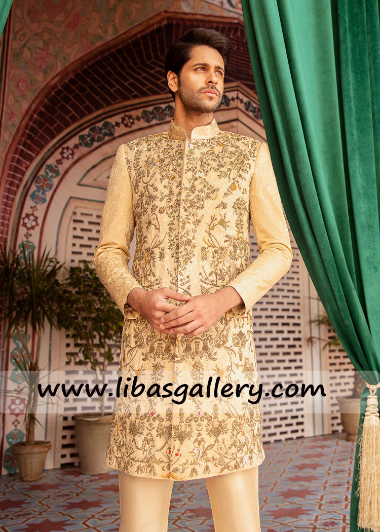 antique gold work karandi jamawar beige hand crafted groom sherwani work on front panels buy online Sydney Melbourne Australia antique gold work karandi jamawar beige hand crafted groom sherwani work on front panels buy online Sydney Melbourne Australia