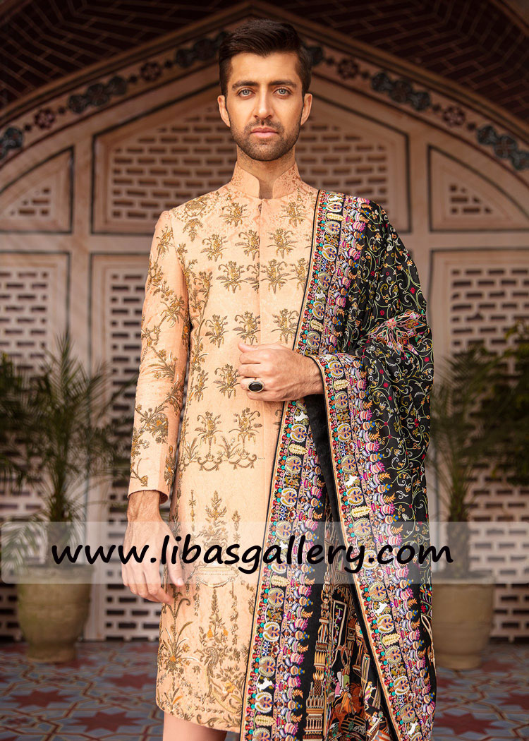 peach embellished sherwani in karandi jamawar thread and zardozi hand crafted wedding jacket for men Pittsburgh Pennsylvania USA peach embellished sherwani in karandi jamawar thread and zardozi hand crafted wedding jacket for men Pittsburgh Pennsylvania USA