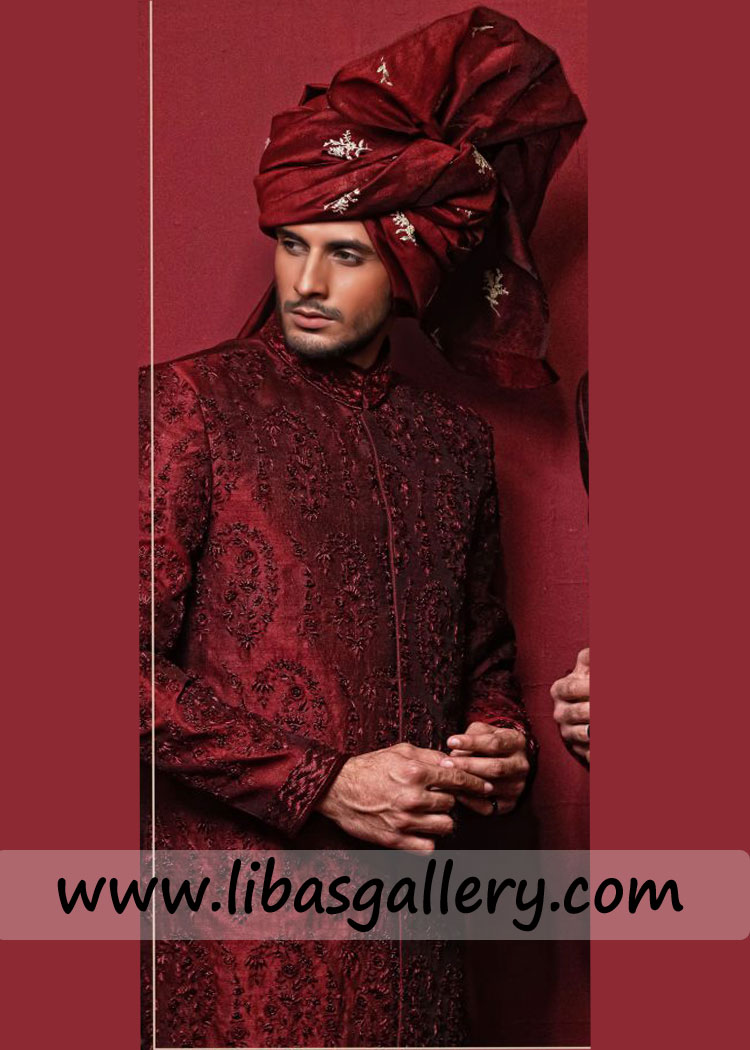 dark scarlet beautiful wedding nikah sherwani fabric matching color and black work worthy for groom UK USA Dubai dark scarlet beautiful wedding nikah sherwani fabric matching color and black work worthy for groom UK USA Dubai