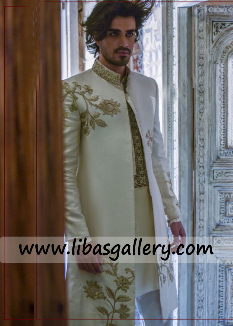Life partner Groom in off white color Embellished Sherwani Flower Stem leaf image work on both front panel UK USA Canada Life partner Groom in off white color Embellished Sherwani Flower Stem leaf image work on both front panel UK USA Canada