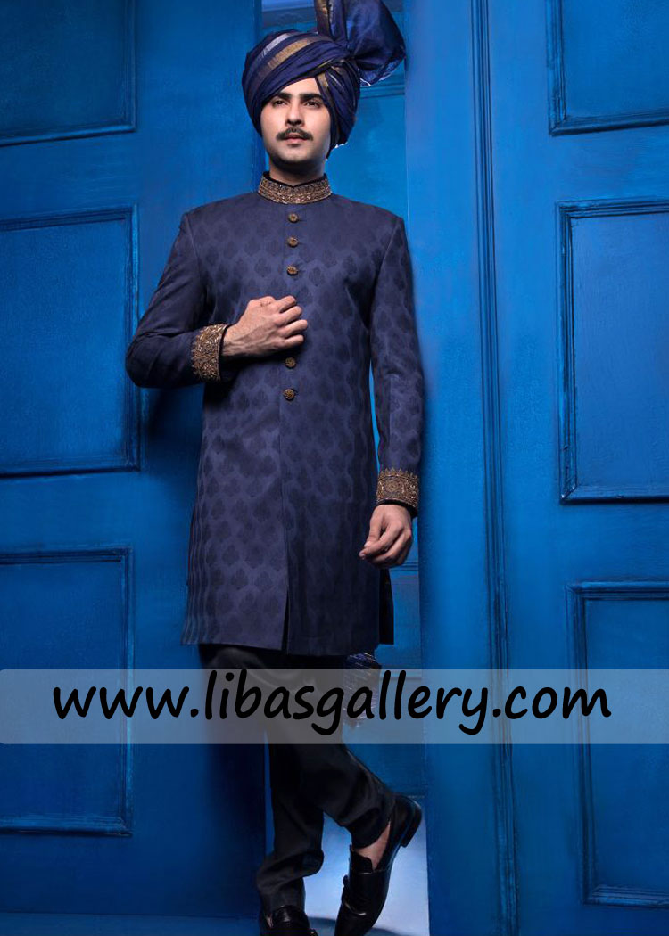 blue sherwani with collar cuff antique hand work best for nikah barat event buy sherwani and turban sugar land texas USA blue sherwani with collar cuff antique hand work best for nikah barat event buy sherwani and turban sugar land texas USA