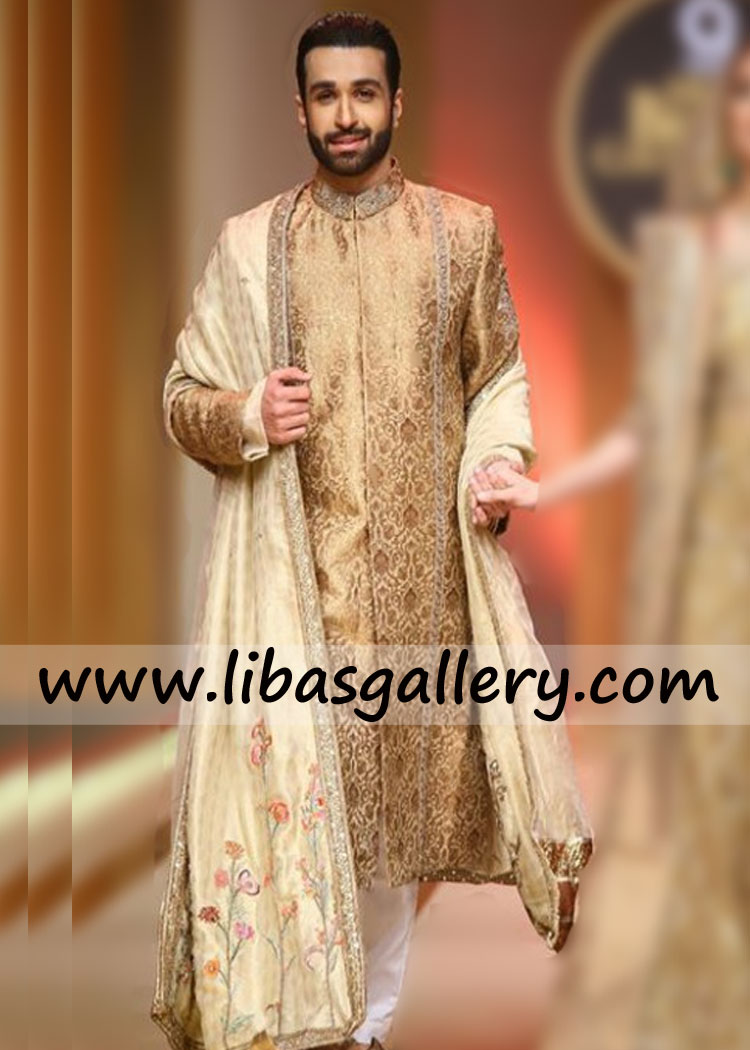 azfar rehman actor presenting gold jamawar wedding sherwani embellished collar cuff UK USA Canada