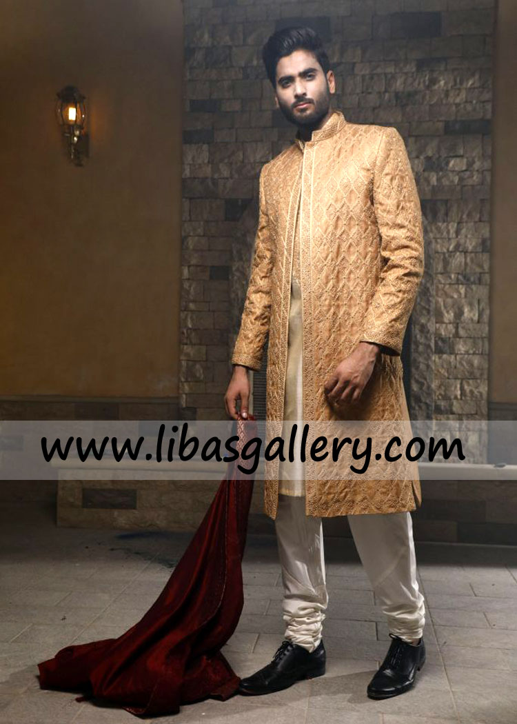 Hand Embellished Groom Wedding sherwani latest collection for nikah barat custom made Juneau Anchorage USA