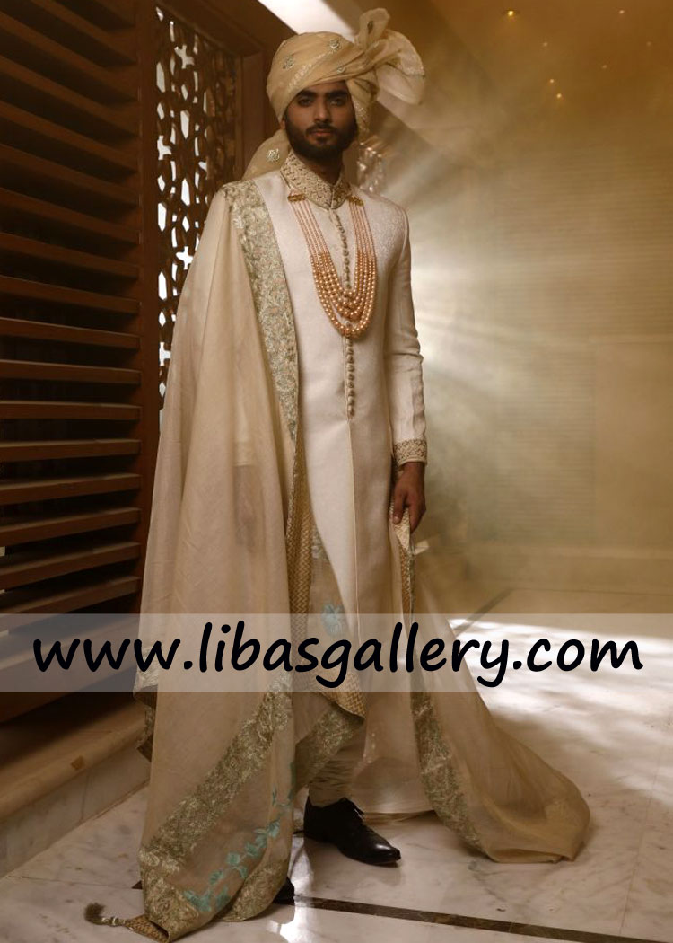 off white jamawar banarsi fabric wedding sherwani for barat nikah antique gold work cuff collar sugar land texas chicago USA off white jamawar banarsi fabric wedding sherwani for barat nikah antique gold work cuff collar sugar land texas chicago USA