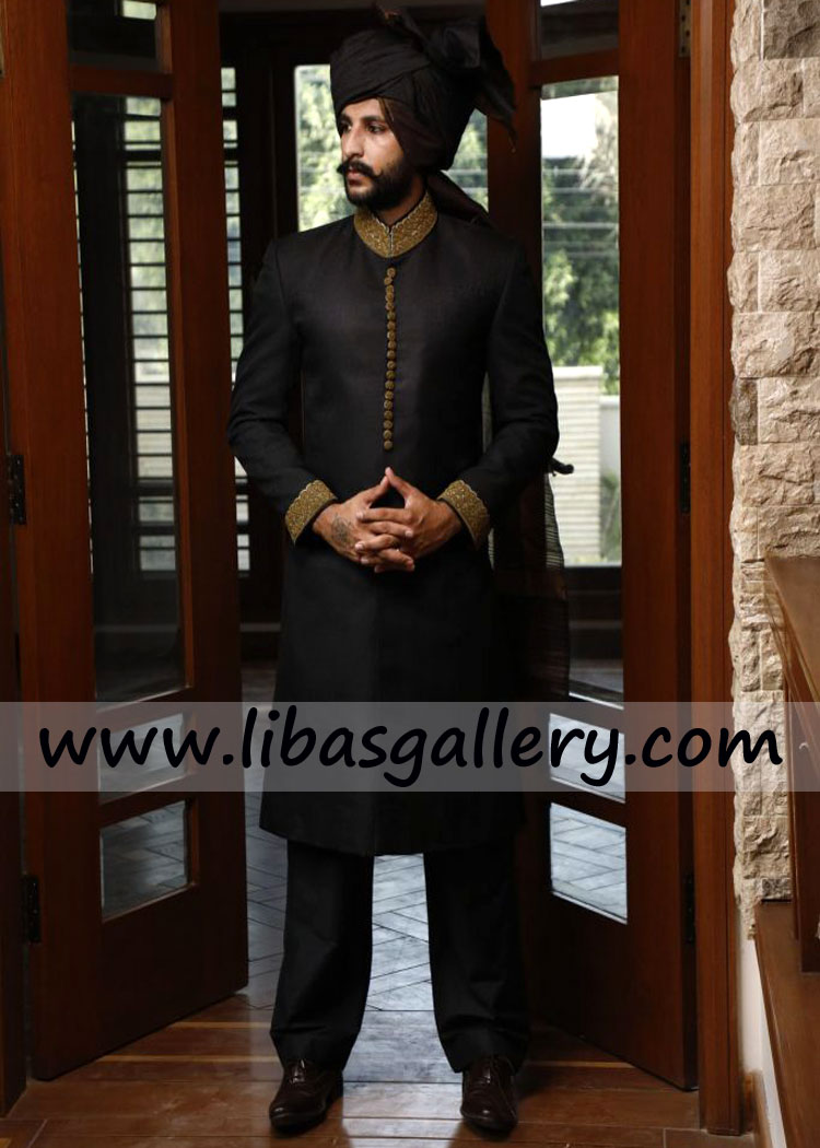 Brown black jamawar banarsi wedding sherwani antique gold work on collar and cuff fancy buttons series Los Angeles San Diego USA Brown black jamawar banarsi wedding sherwani antique gold work on collar and cuff fancy buttons series Los Angeles San Diego USA