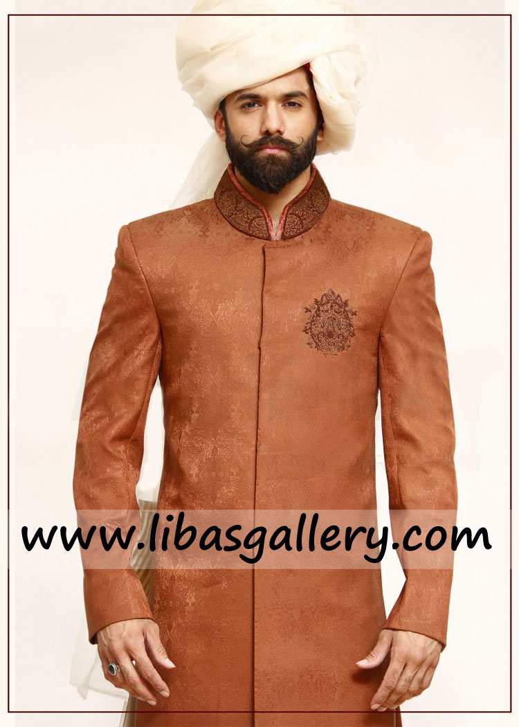 Traditional Jamawar Ethnic Wedding sherwani small bunch on pocket collar hand embellished Chandle Glendale USA Traditional Jamawar Ethnic Wedding sherwani small bunch on pocket collar hand embellished Chandle Glendale USA