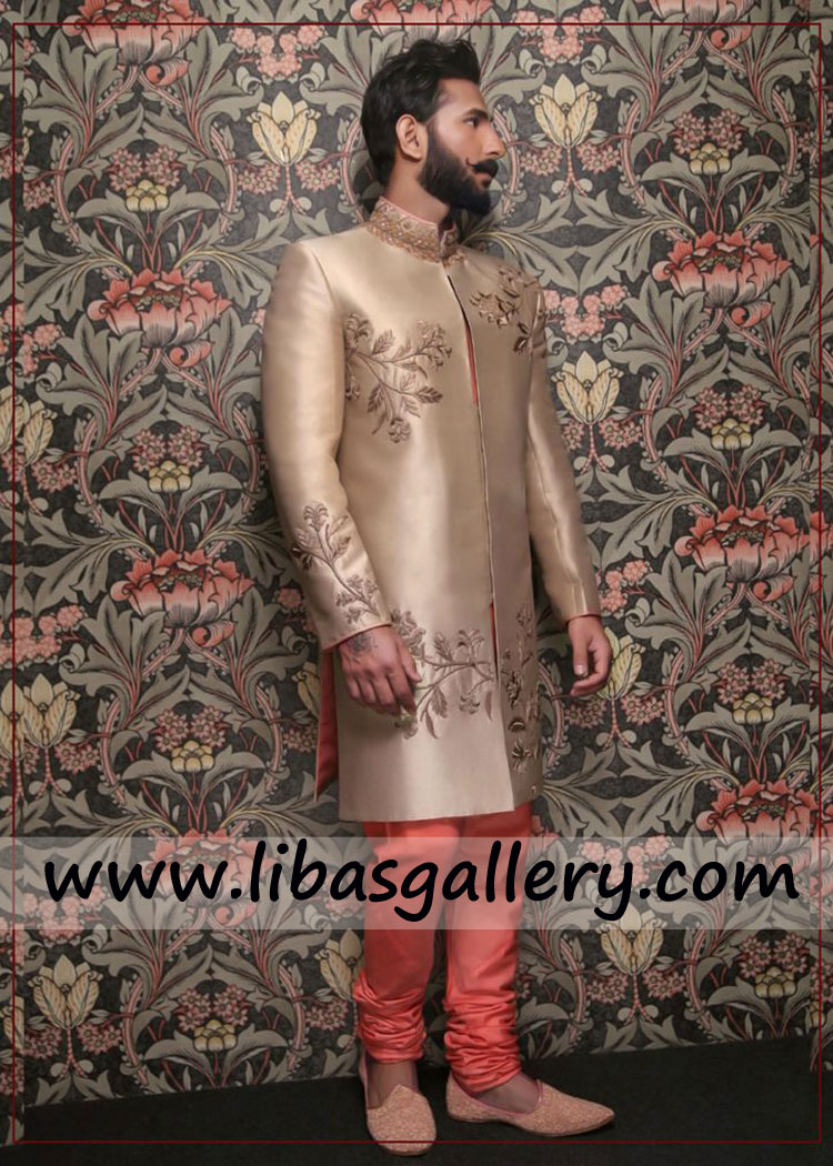 dull gold beautiful embellished wedding sherwani suit with orangish peach churidaar pajama southhall london birmingham UK dull gold beautiful embellished wedding sherwani suit with orangish peach churidaar pajama southhall london birmingham UK