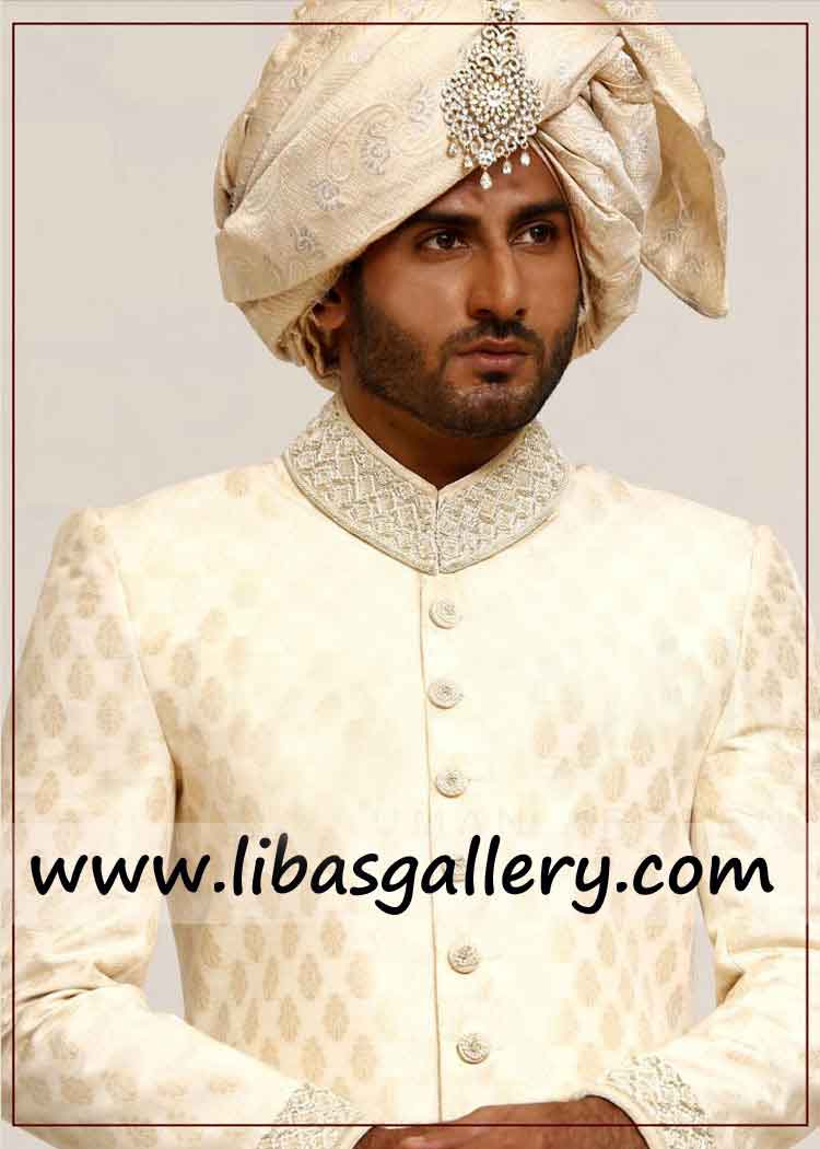 light shade traditional jamawar booti deisgn fabric sherwani silver