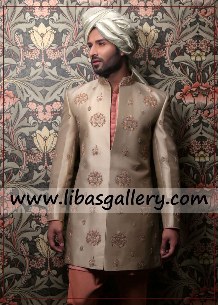 shop best sherwani design dull gold color with hand embellishment all over front panel sleeves collar complete set online shop Toronto Mississauga Canada