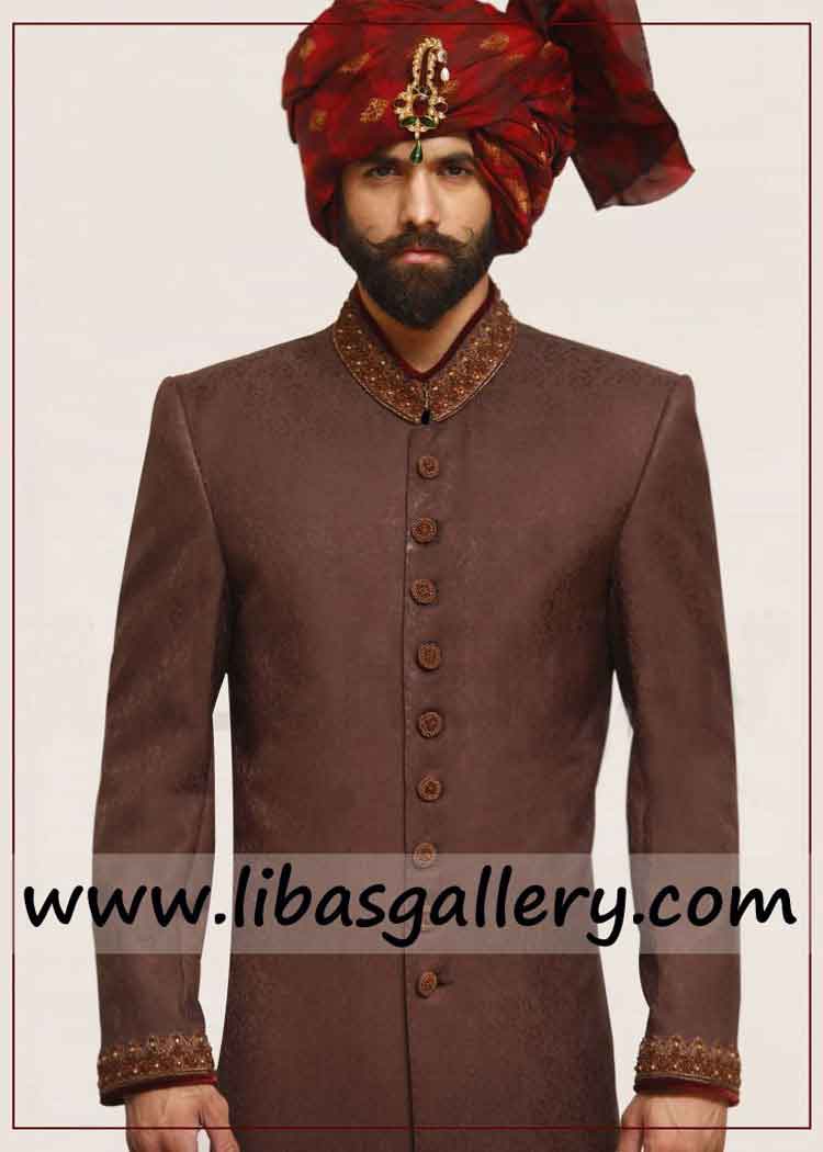 bandh gala dark color pakistani designer sherwani with antique fancy hand embellishment on collar cuff New york city Washington USA