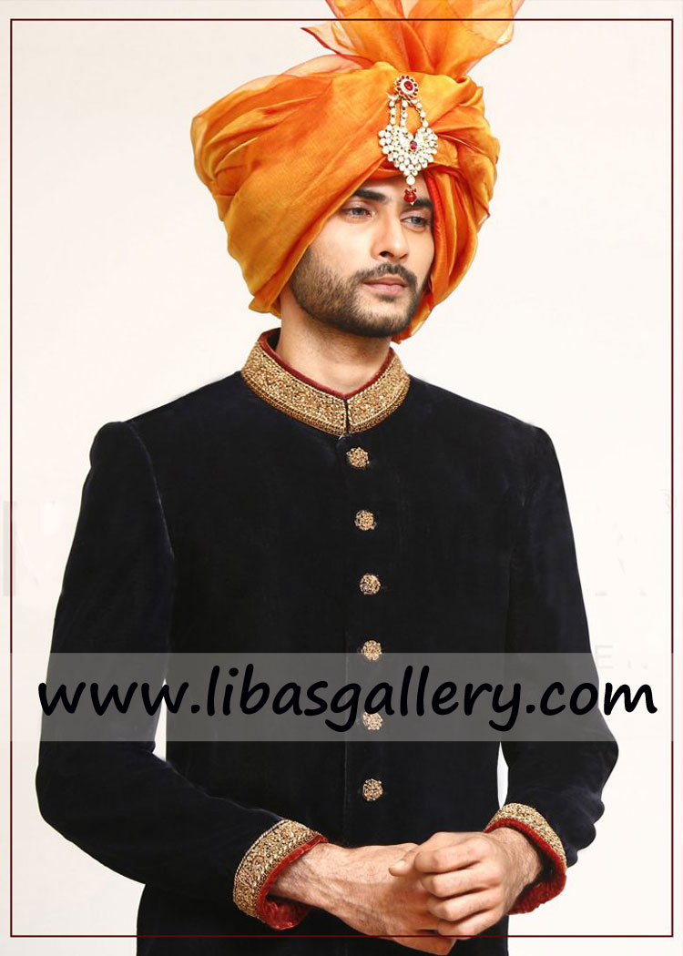 pure velvet fabric groom sherwani antique and gold work on collar cuff turban matching khussa also available Hobart Townville Australia