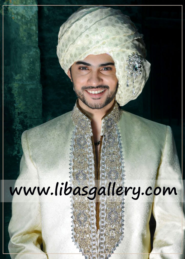Embellished Collar pure highest quality jamawar banarsi Groom nikah barat Sherwani custom made worldwide delivery quick UK USA Canada Australia Dubai