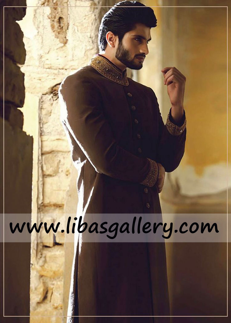 Bandhgala Embellished Barat Nikah Groom Sherwani book your order for winter summer season wedding jacket UK USA Canada Australia Dubai