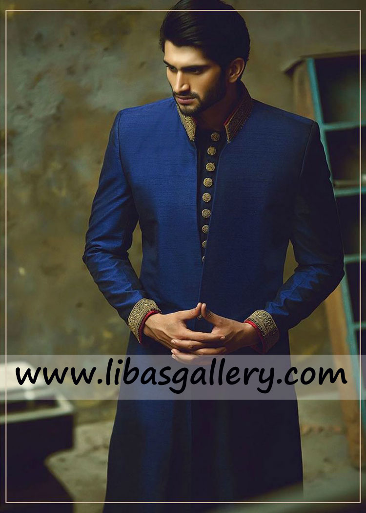 Soft spoken groom thinking to meet his bride in blue embellished sherwani design nice work on collar cuff Sweden Spain Sri lanka