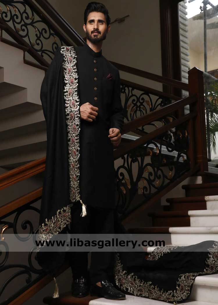 plain black suiting fabric wedding sherwani, Black sherwani for dulha, Raw silk Black Sherwani for groom UK Dubai USA Canada Australia