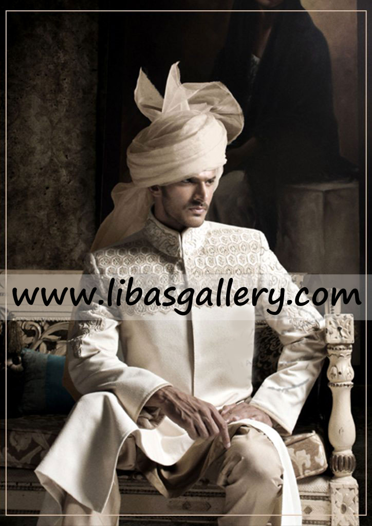 complete set of wedding sherwani off white with matching turban and khussa and inner suit worldwide delivery UK USA Canada complete set of wedding sherwani off white with matching turban and khussa and inner suit worldwide delivery UK USA Canada