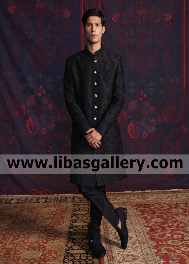 black embroidered wedding sherwani for slim shape body man enjoy summer season wedding saudi arabia qatar kuwait