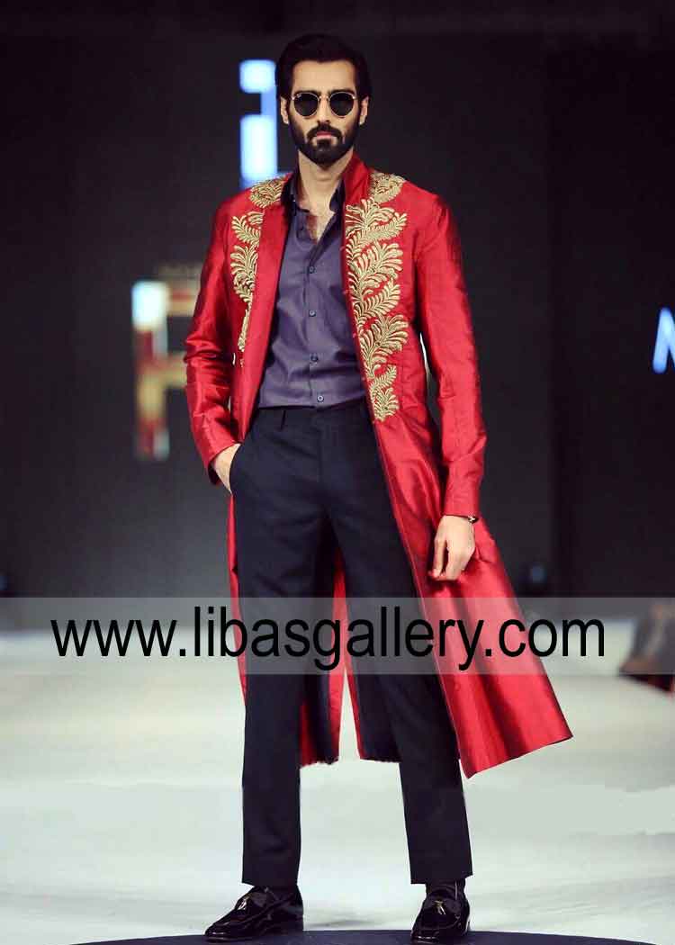 hasnain lehri modeling for maheen khan button less red gold embroidered long wedding jacket uk usa canada