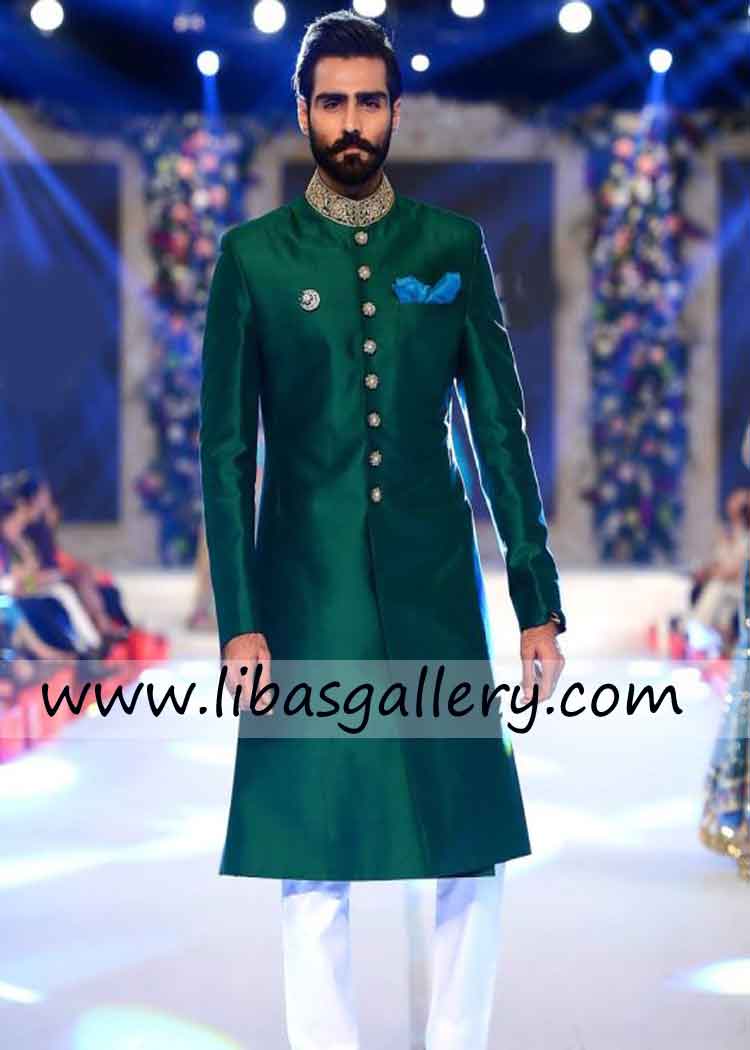 green sherwani for religious groom hand embellishment silver on collar with fancy 8 buttons Seattle Washington USA