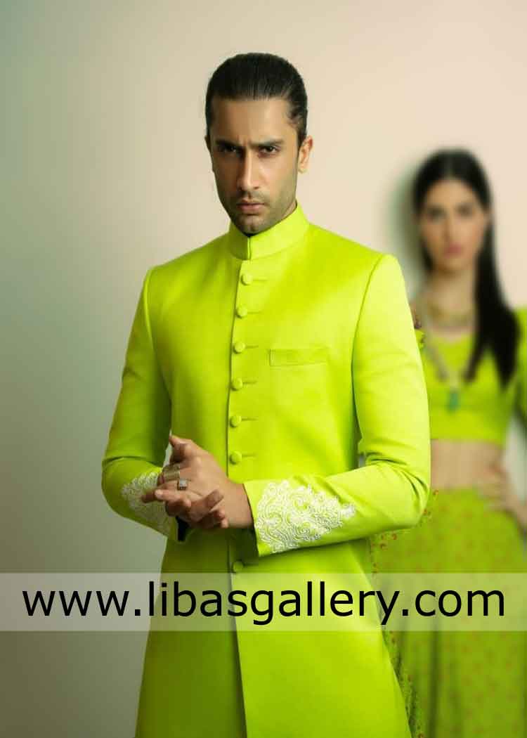 parrot green wedding jacket silver hand embellishment on sleeves custom made sherwani uk usa canada