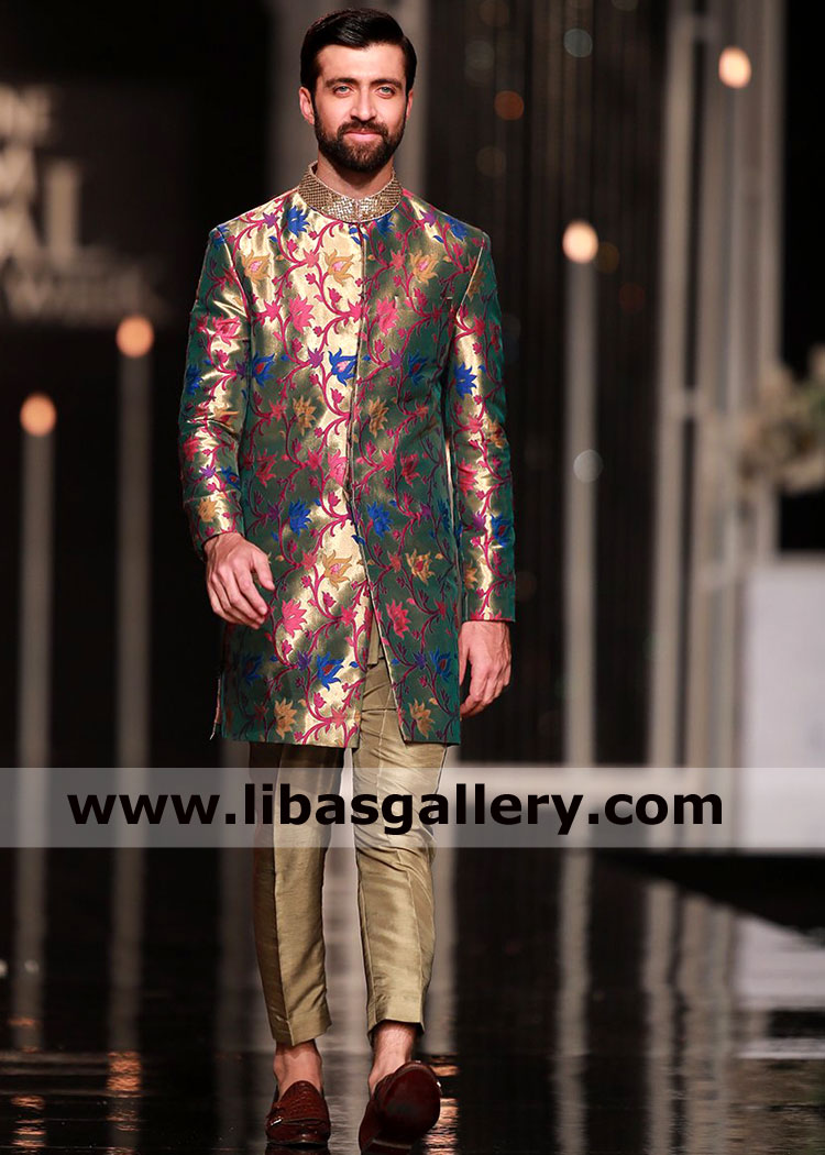 banarsi tissue gold sherwani with gold pants custom made available in small medium large extra large sizes Edmonton Quebec Canada