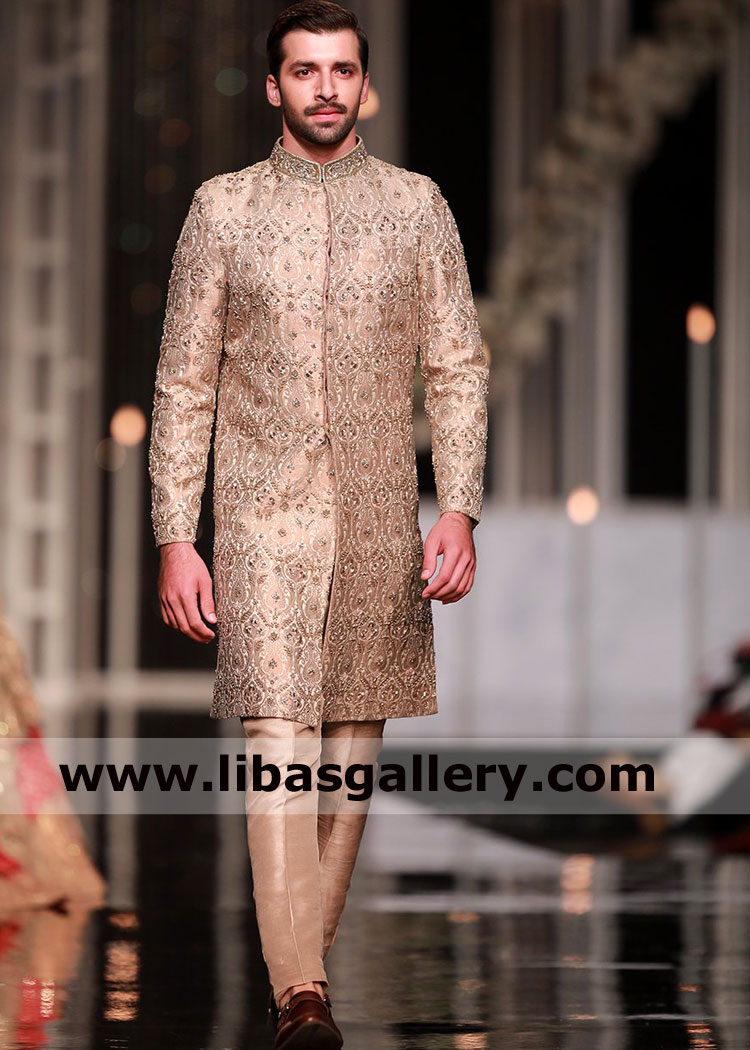 Gold jamawar wedding sherwani with tilla and material embroidery Paired with gold churidar trouser best for barat nikah new york california USA