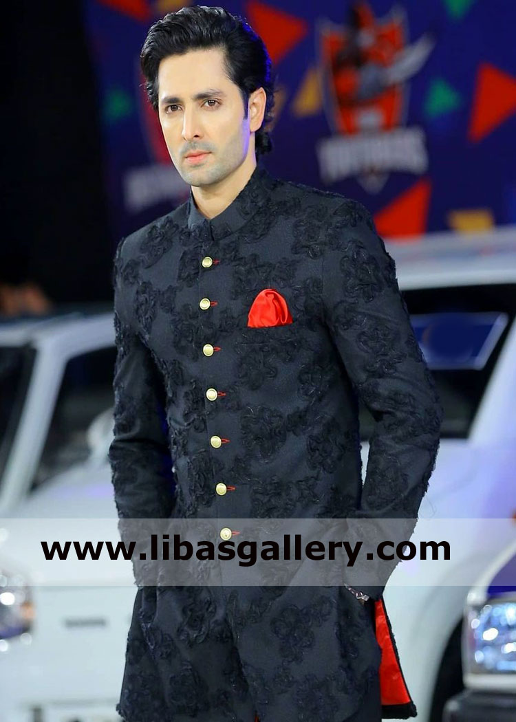 black sherwani article danish taimoor actor wearing with same black embroidery for nikah barat plymouth portsmouth UK