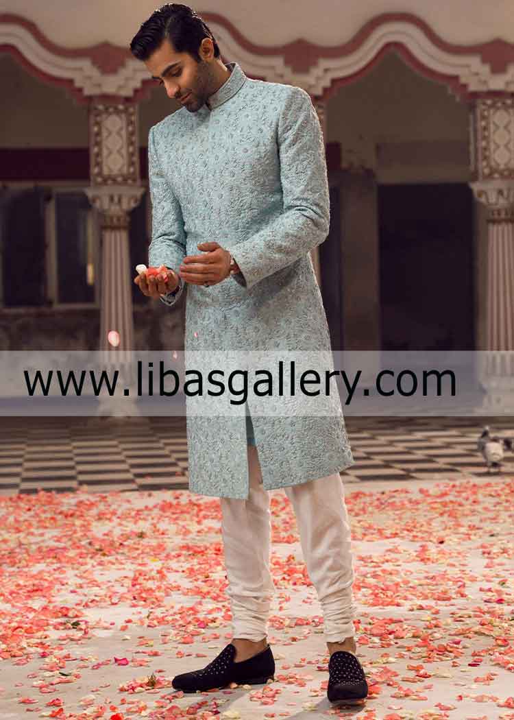 heavy embroidered light shade groom sherwani item nikah barat sheheryar munawar worldwide delivery UK USA Canada