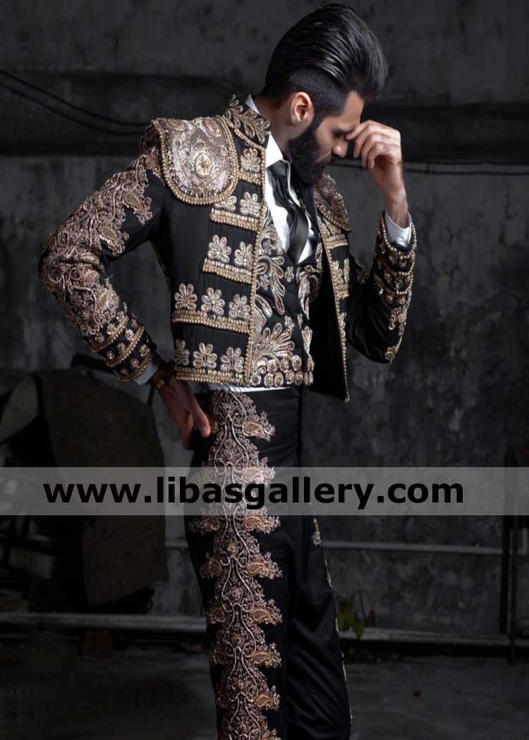 hasnain lehri deep thinking in beautiful short length embellished wedding sherwani prince coat for groom Oklahoma City Tulsa USA