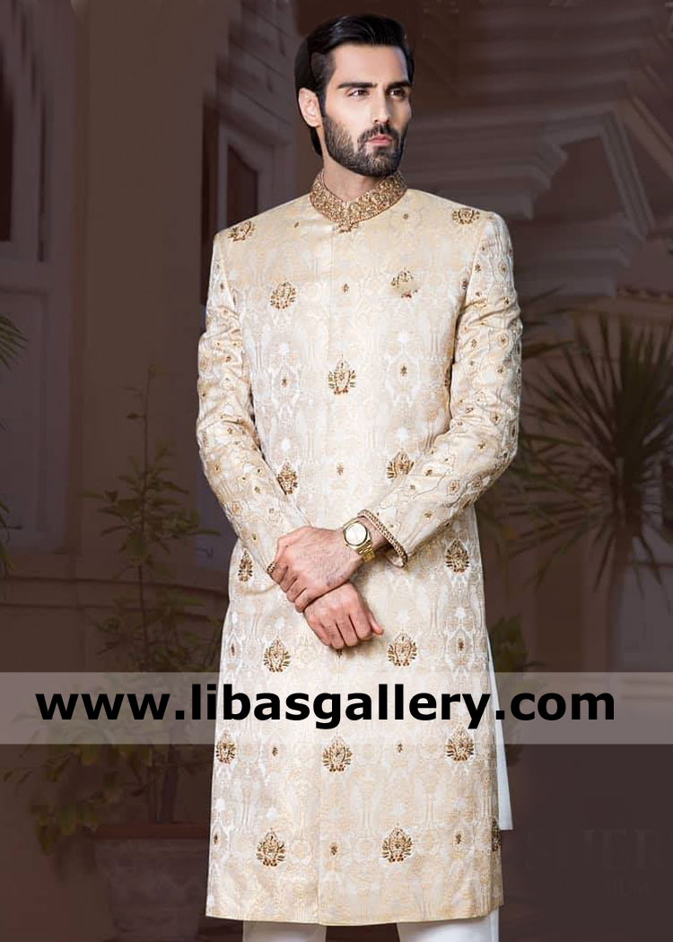 hasnain lehri portraying groom gold jamawar nikah barat rukhsati sherwani styles with hand embellishment dubai saudi arabia kuwait