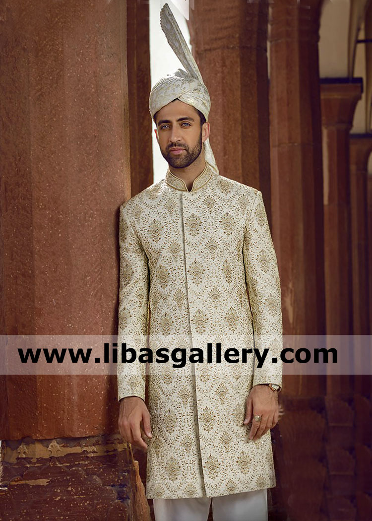 off white groom sherwani full embroidered with inner kurta shalwar and shimla turban on additional uk usa canada