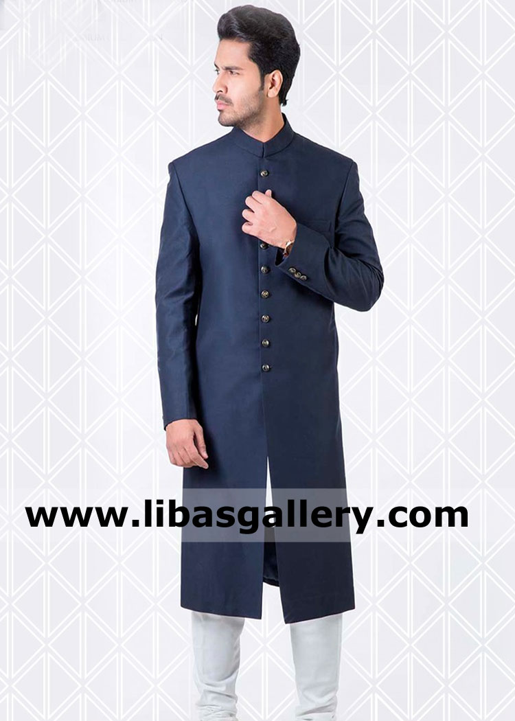 dark blue suiting fabric pakistani gents sherwani suit with kurta pajama or shalwar 9 buttons fancy 3 buttons cuff dubai qatar saudi arabia