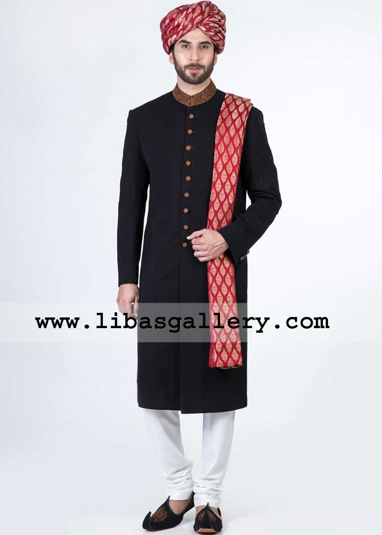 black jamawar print groom dulha nikah barat sherwani with hand crafted collar kora dabka thread stones beads pretied turban khussa available uk usa canada