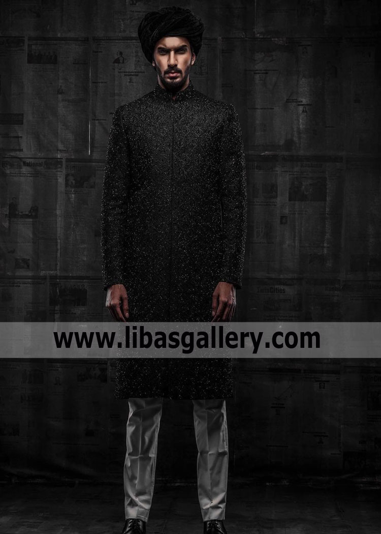 black beautiful full embroidered groom wedding sherwani with hand embellishment on collar available with velvet turban uk usa canada