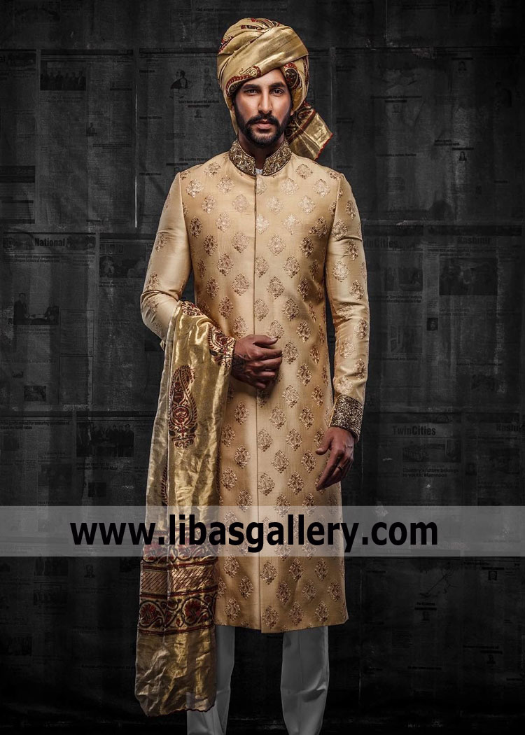 professional tailor stitched dull gold wedding sherwani style with cotton silk inner for nikah barat event muslim groom asia europe america