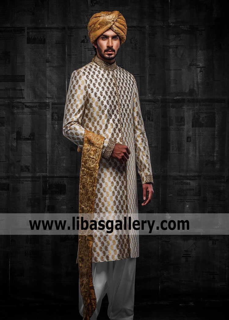 Off white and Gold Hand Embroidered Banarsi Sherwani with banarsi gold pagri and matching khussa for groom barat nikah day france finland fiji