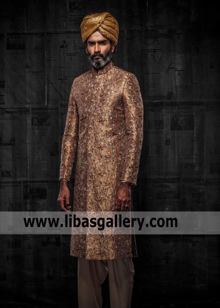 luxurious Bronze hand embellished groom sherwani design for desi style muslim wedding event uk usa canada