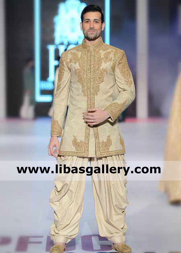 gold hand embellished wedding sherwani abdullah ejaz model wearing hsy designer product for nikah barat rukhsati day dhoti type shalwar uk usa canada