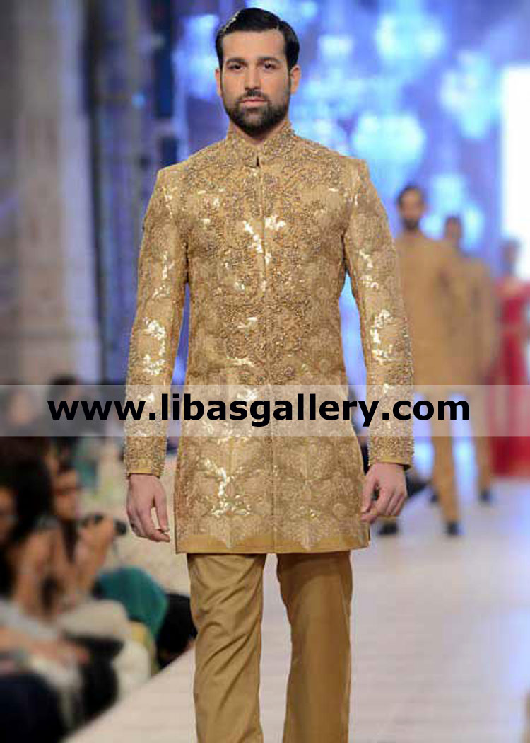Golden wedding jacket for nikah barat with precious hand embellishment and pants by hsy designer shop online fast delivery worldwide uk usa saudi arabia