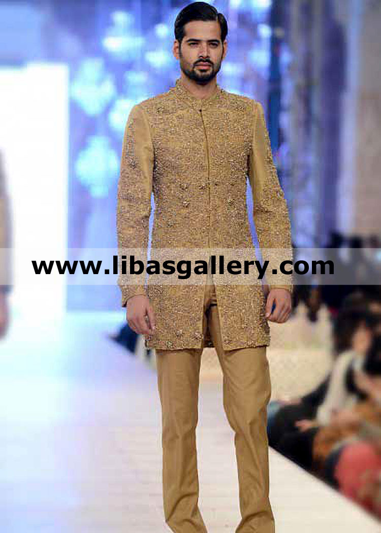 Mohammed Mubarak Ali model pakistan in gold indo western hand embellished wedding coat by HSY for nikah barat groom new zealand norway australia
