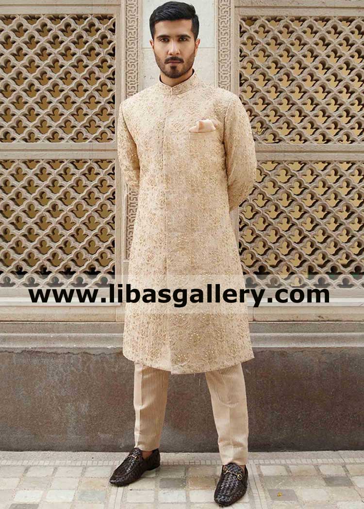 bespoke Embroidered Nikah barat sherwani for charming wedding Groom feroze khan showing for nikah barat occasion uk saudi arabia usa